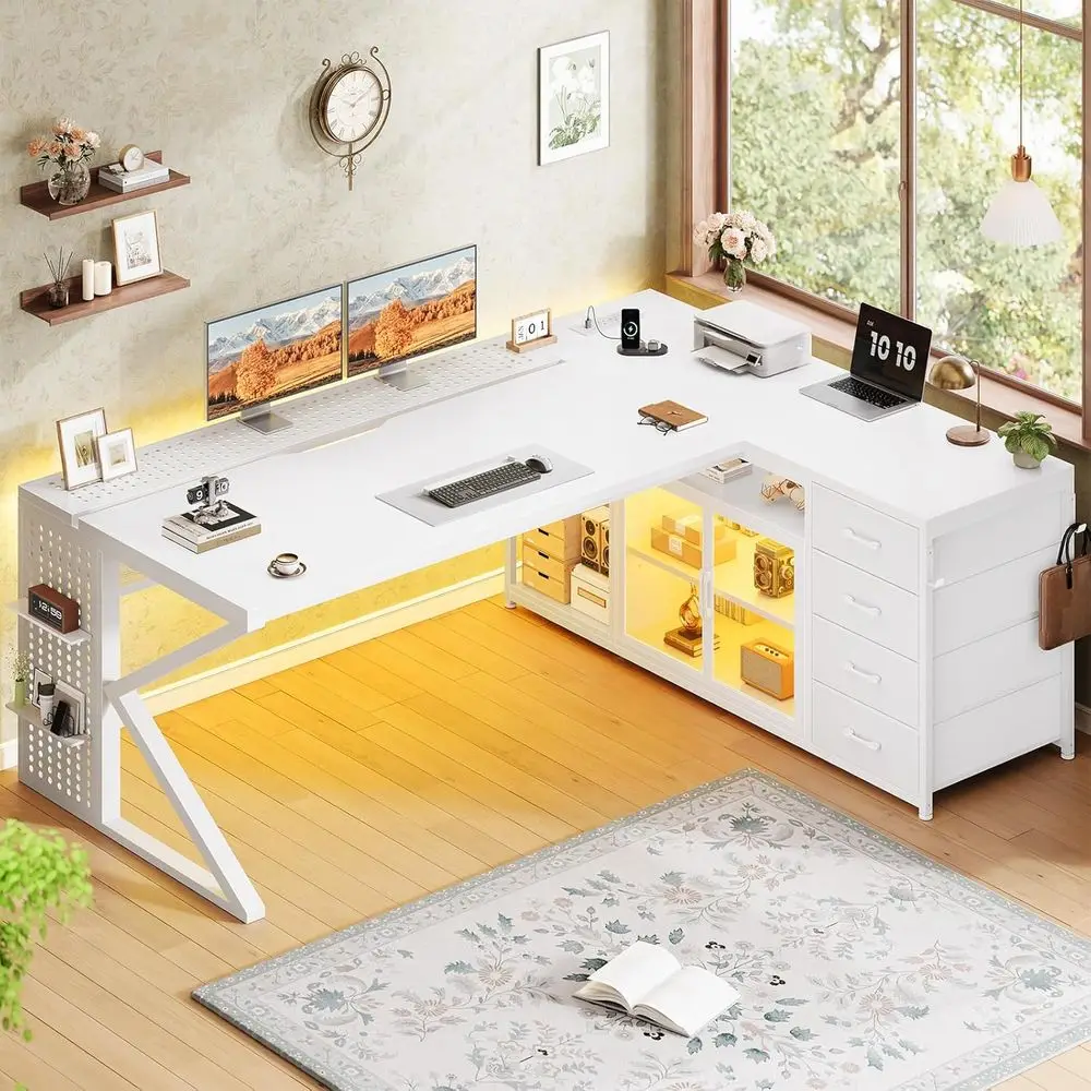 

63 L-shaped Gaming Desk with 4 Drawers, Display Cabinet, LED Light, White