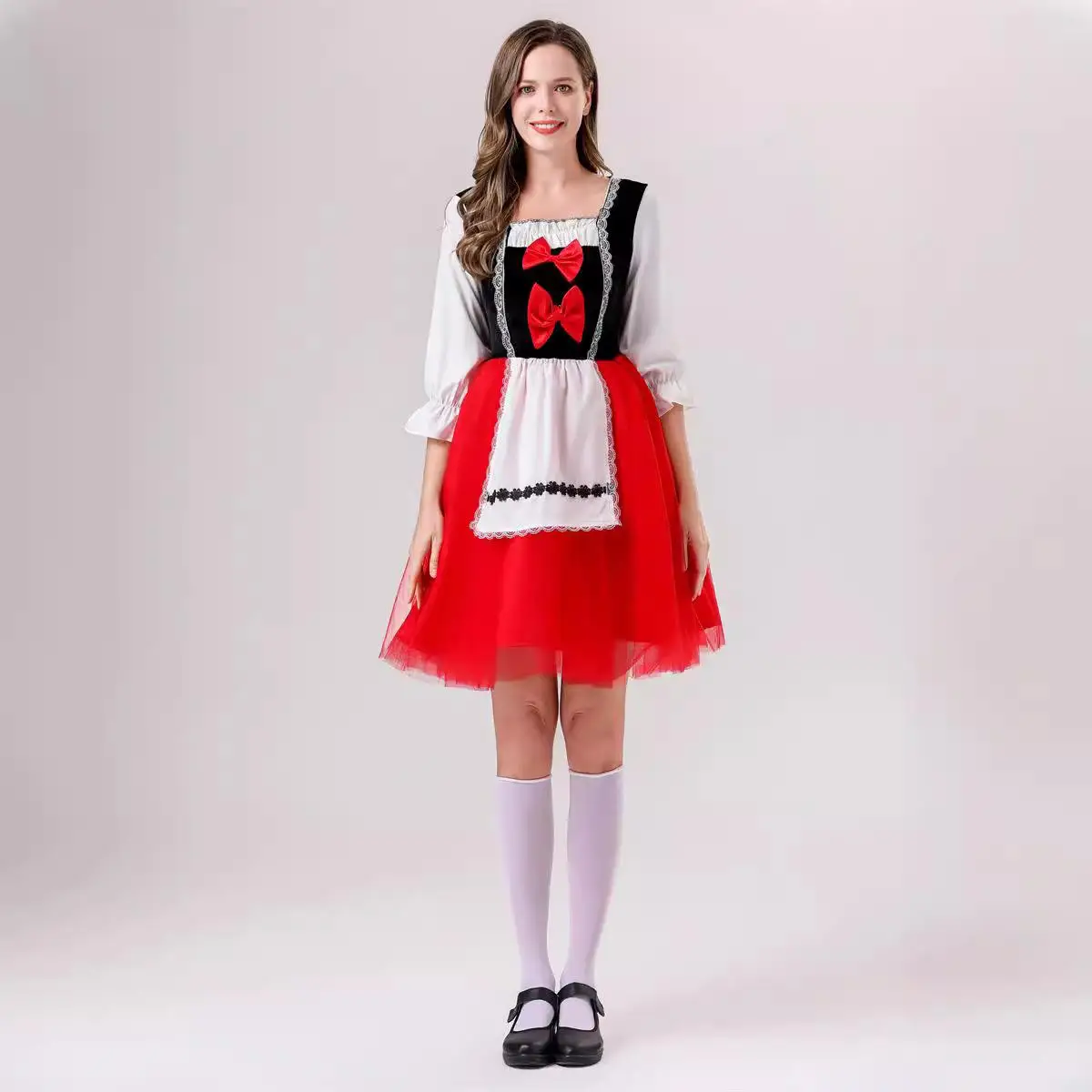 فستان تنكري أحمر لشخصية ليلى وذئبها من الحكايات الخيالية مع عباءة، زي تنكري للهالوين للنساء صيف 2024 #1