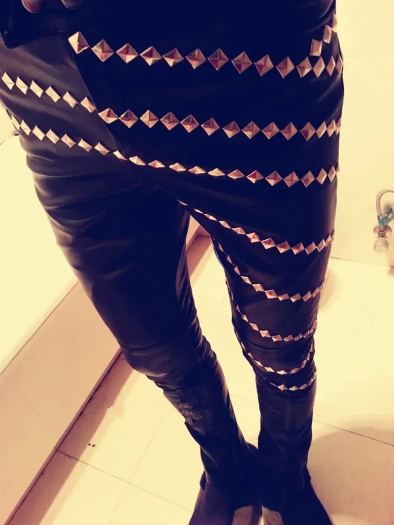 남성 블랙 메탈 리벳 가죽 바지 록 밴드 가수 댄서 무대 공연 의상 바 펑크 슬림 바지