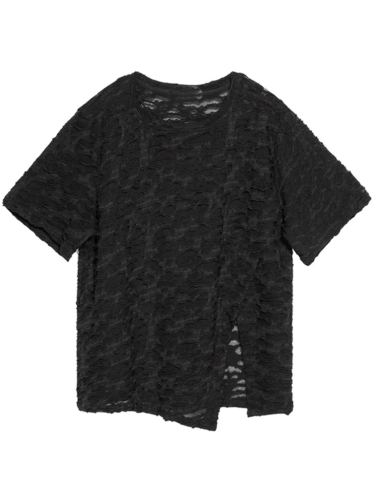 Amax luluE 2025 Spring Womens Fashion Mesh Design Punk T-shirts Loose Casual Lace Tops Ladies Sexy Casual Classic O Neck Clothes