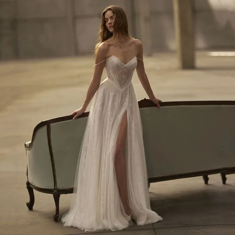 

Church & Beach A-line Wedding Dress, Spaghetti Strap Lace Sexy Slit Bridal Gown, Princess Ball Dress, Customizable.