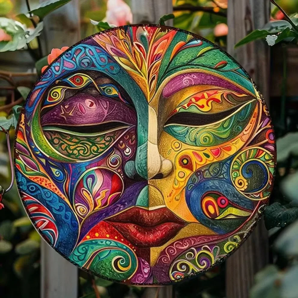 1 Stück Weißblechgemälde – Buntes Maskenthema-Wanddekor für drinnen und draußen – einfach aufzuhängen, Restaurant, Garten, Raumdekoration