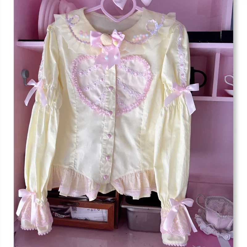 Sweet Cute Inner Wear Original Design 2024 Spring New Girl Women\'s Pure Cotton Long Sleeve Bow Shirt All-Match Blouses