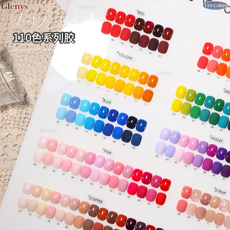 Zestaw lakierów do paznokci Glenys 110 kolorów, klej, popularny, zaawansowany żel do moczenia, karta kolorów, niezbędny w salonie paznokci, lakier wykończeniowy.