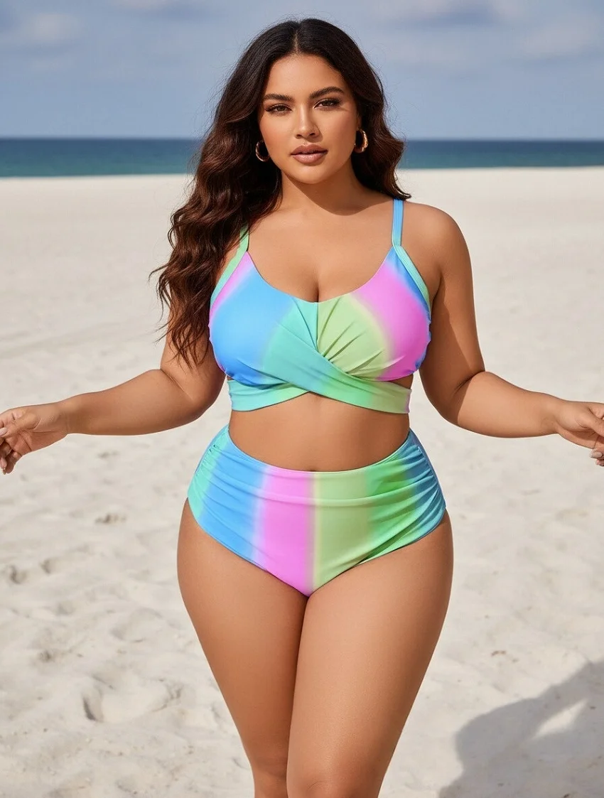 Women Gradient Colorblock Bikini Set 2 Piece High Waisted Ruched Swimsuit Cross Wrap Tied Back Tummy Control Beachwear