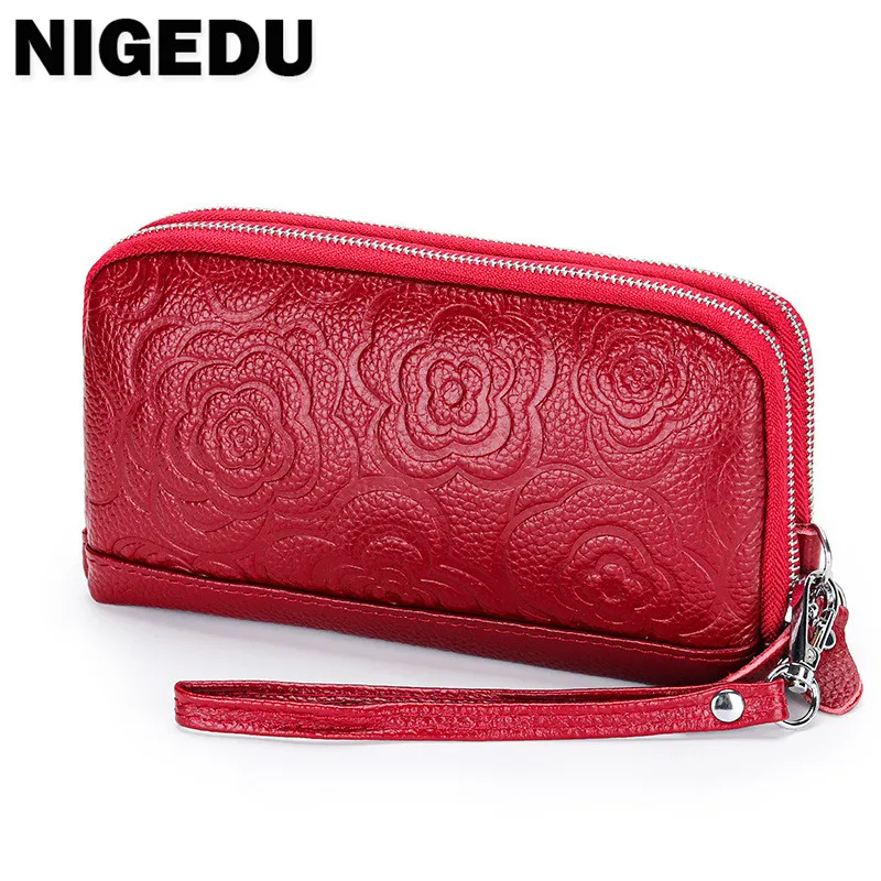 Long Women Wallet Genuine Leather Clutch Lady Purse Zipper Phone Pocket Card Holder Flowers Female Coin Purse ladies Wrist bag