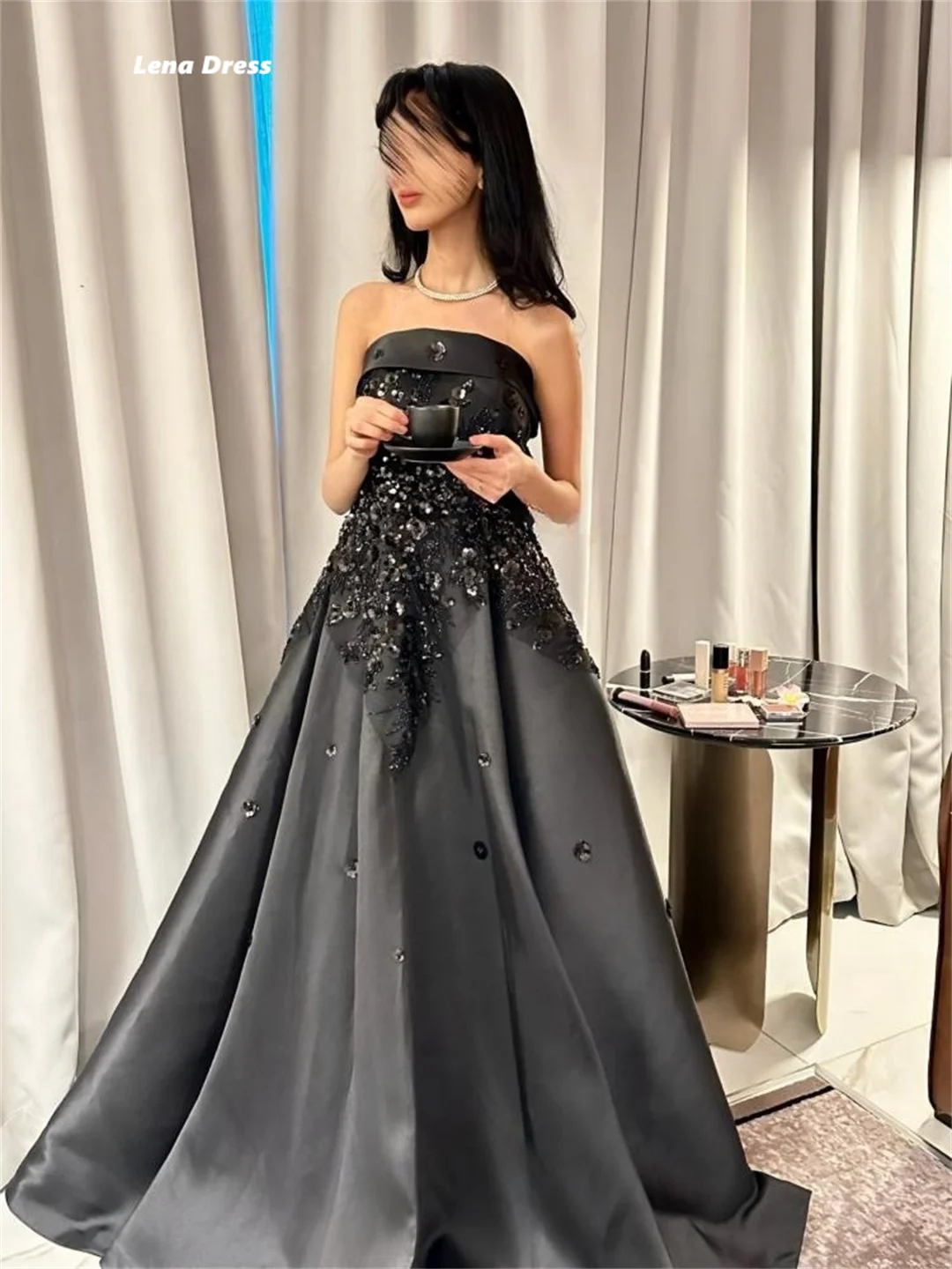 Lena Custom Made Women Evening Dress Prom Dresses for Special Occasions Line A Flower Embroidery Strapless Floor-to-ceiling