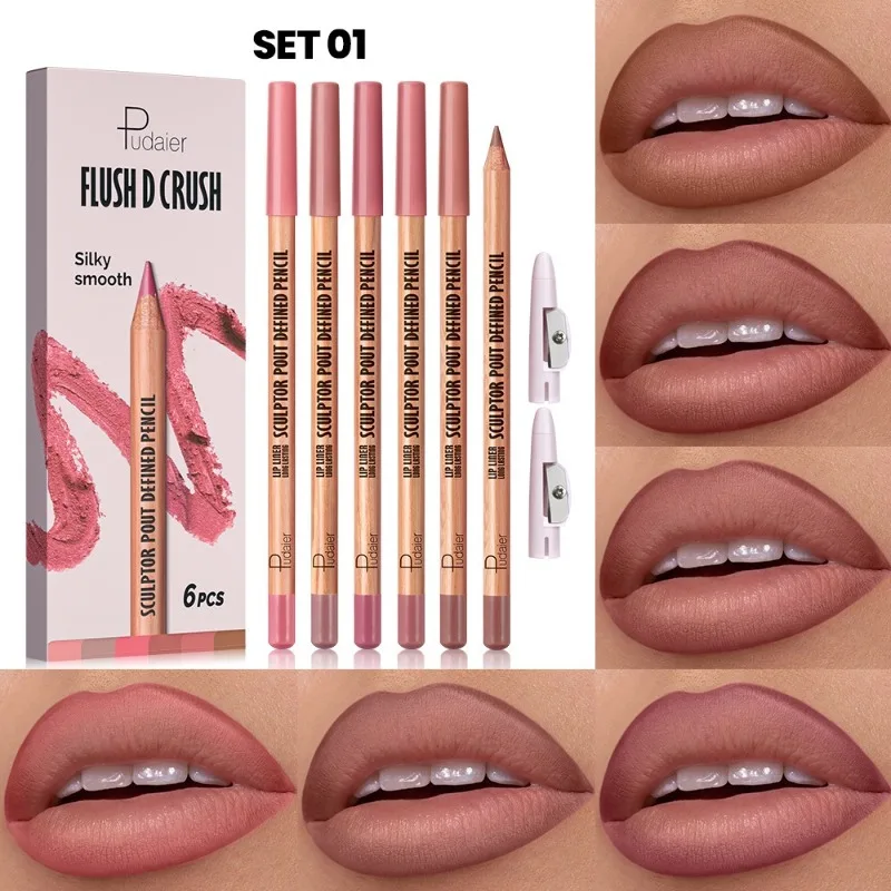 Novo sedoso multi funcional tom durável lápis de maquiagem 6 peças lipliner caneta caso fosco anti mancha diário cor nude caneta labial