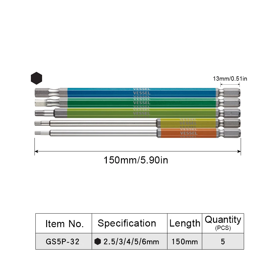 VESSEL GS5P Series 5 Pcs Inner Hexagon Flat Head Bit Sets Extension Bit 6.35mm Screwdriver Bit Tool Accessories GS5P-31/GS5P-32