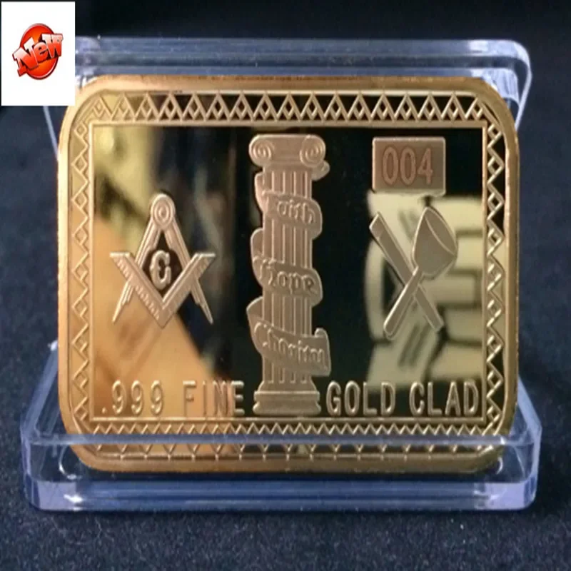 3 pcs The Mason bullion bar 1 OZ gold plated freemason ingot badge 50 mm x 28 mm collectible bars with different serial number