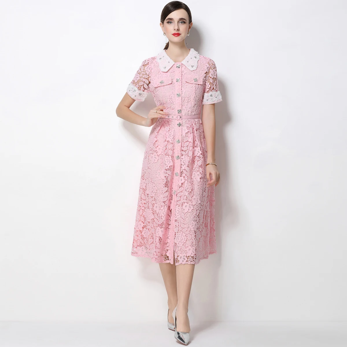 Elegant Lace Hollow Out Long Dresses Women Summer Holiday Short Sleeve Embroidery Beading Retro Slim Long Evening Party Vestidos