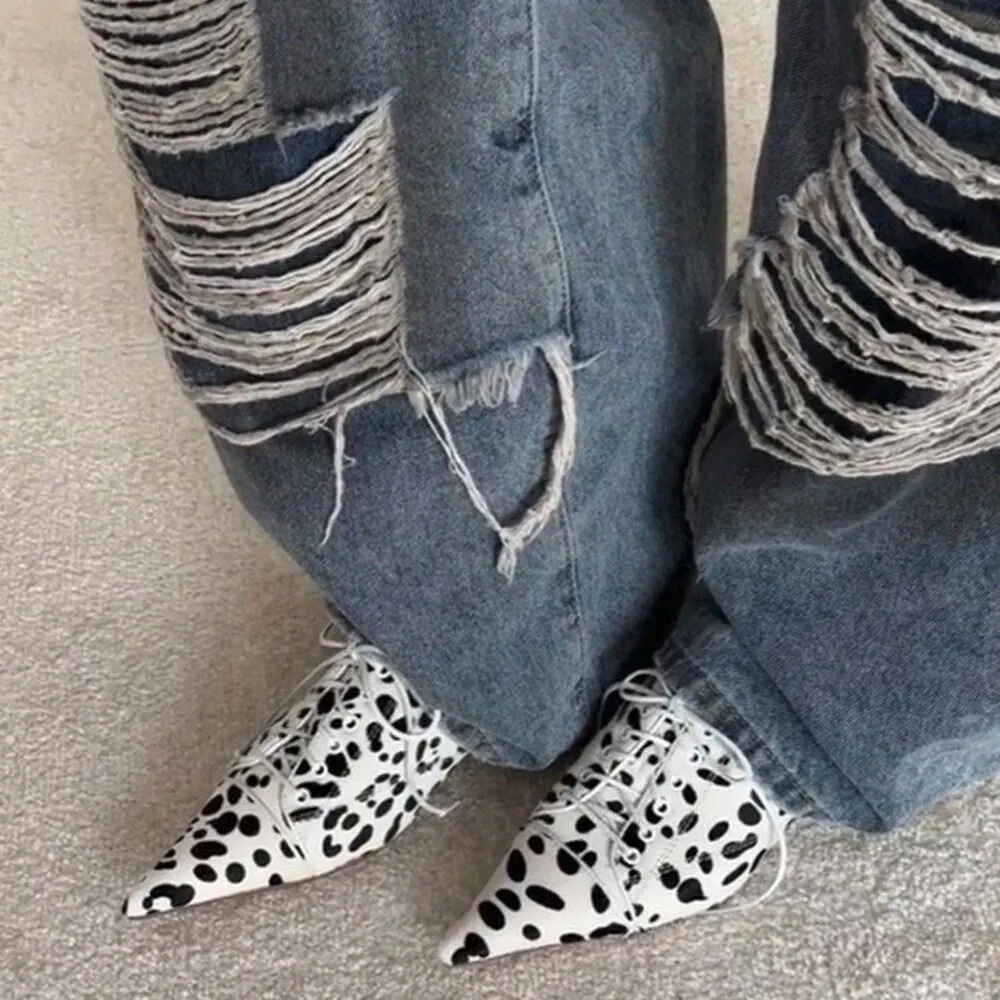

Women's Lace-Up Pointed Toe Mules, Leopard Print & Solid Color Slip-On Flats, Retro Casual Shoes for Women