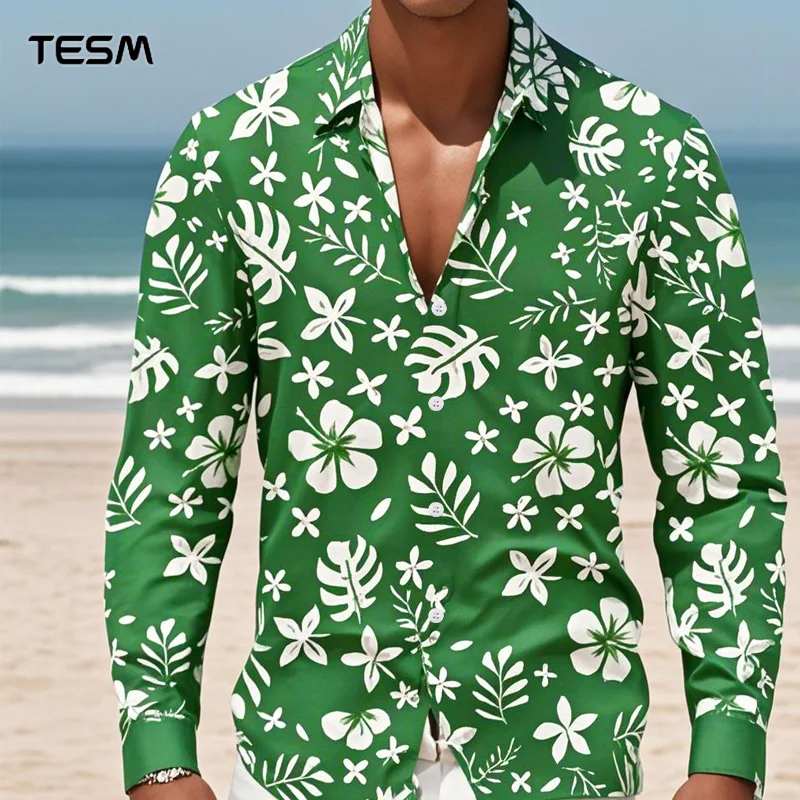 

TESM Men Summer Beach Shirt Long-Sleeved Chiffon Style Hawaiian Seaside Shirt High-Definition Printed Tropical Plant Patterns