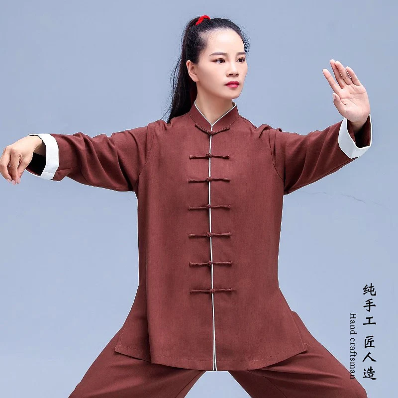 Chen Style Spring Autumn 2026 Tai Chi Outfit - Chinese Button Coffee Brown Turned Sleeve Linen Suit for Competition & Wushu Perf