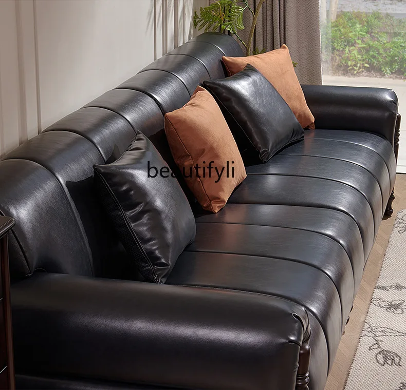 Peach Blossom Heart Ancient Style American Sofa Craft French Retro Country Genuine Leather Straight Row Sofa