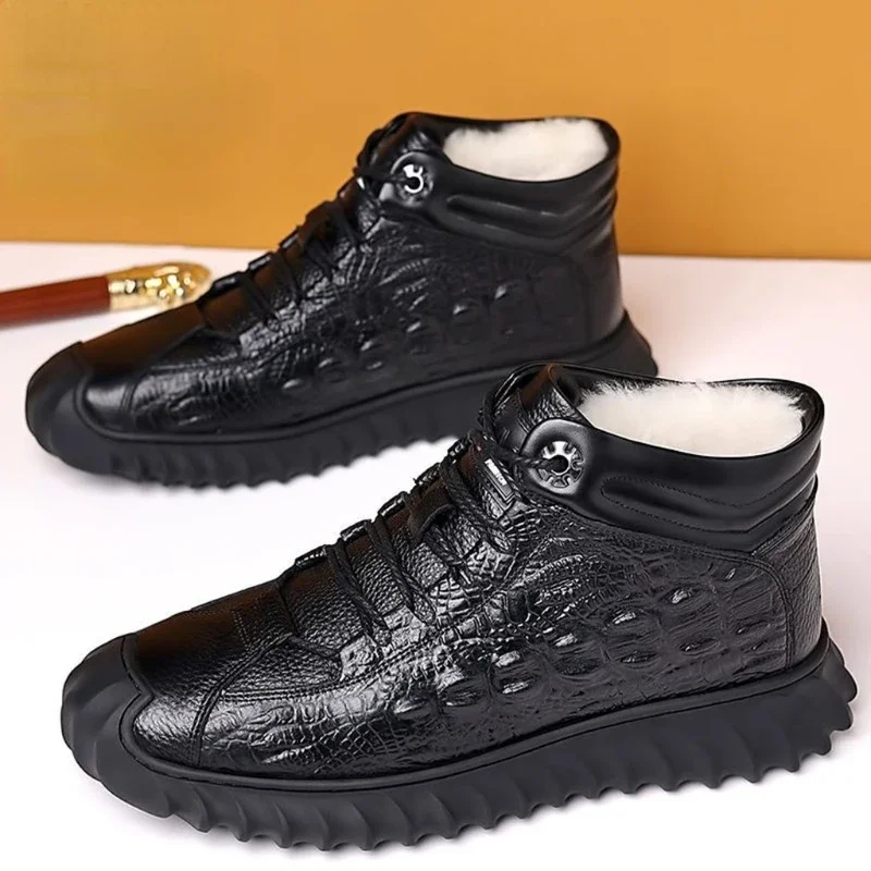 Men\'s Crocodile Patterned Cotton Shoes Winter 2024 New Fashion Plush Comfort High Top Snow Boots Outdoor Anti-skid Casual Shoes