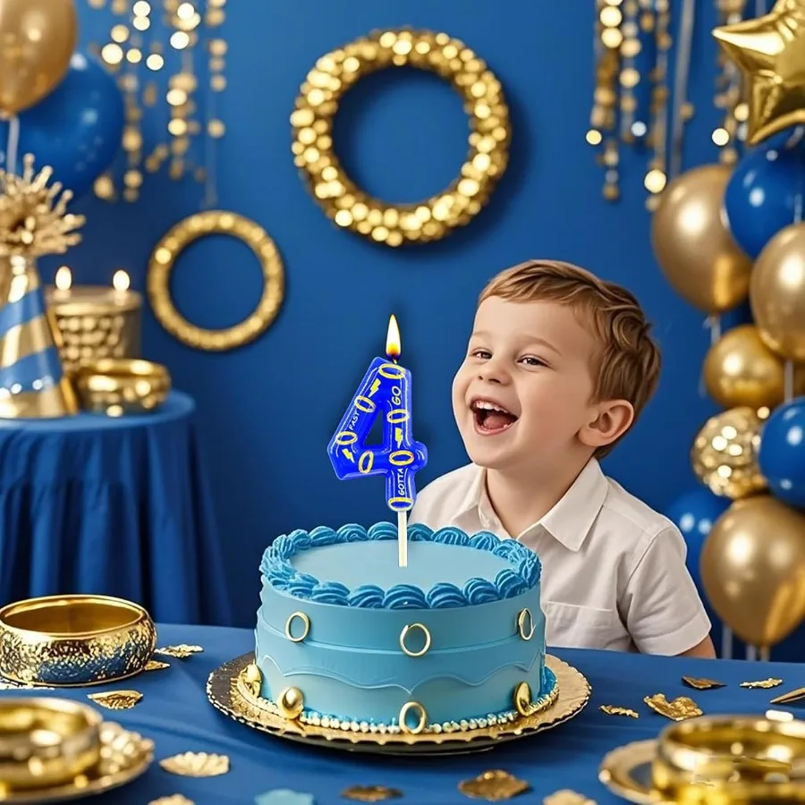 شمعة عيد ميلاد زرقاء رقم 4 مع 7 حلقات ذهبية لون كعكة شخصية كرتونية زرقاء لحفلات أعياد الميلاد للأولاد والبنات والحفلات