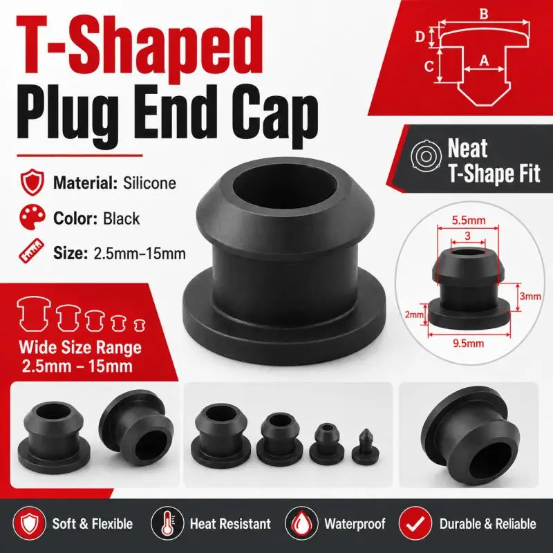 5/10/15 Black Conical Snap-on Silicone Rubber T Type Plug Blanking End Caps Tube Inserts Bung Proof High Temperature