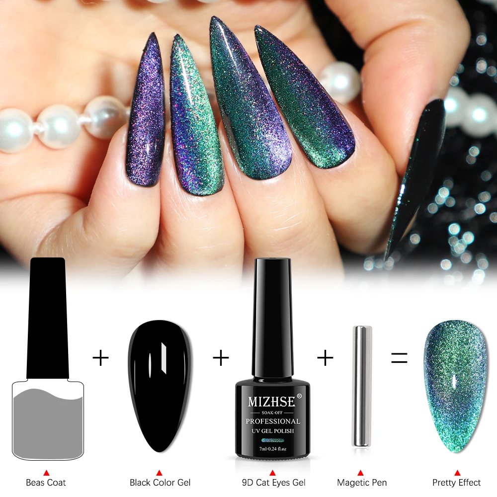 MIZHSE 8PCS Gel Nagellack Set 9D Cat Eye Top Coat Soak Off UV/LED Glitter 9D Cat Eye Magnet Lack Alle Für Nagel Maniküre Kunst