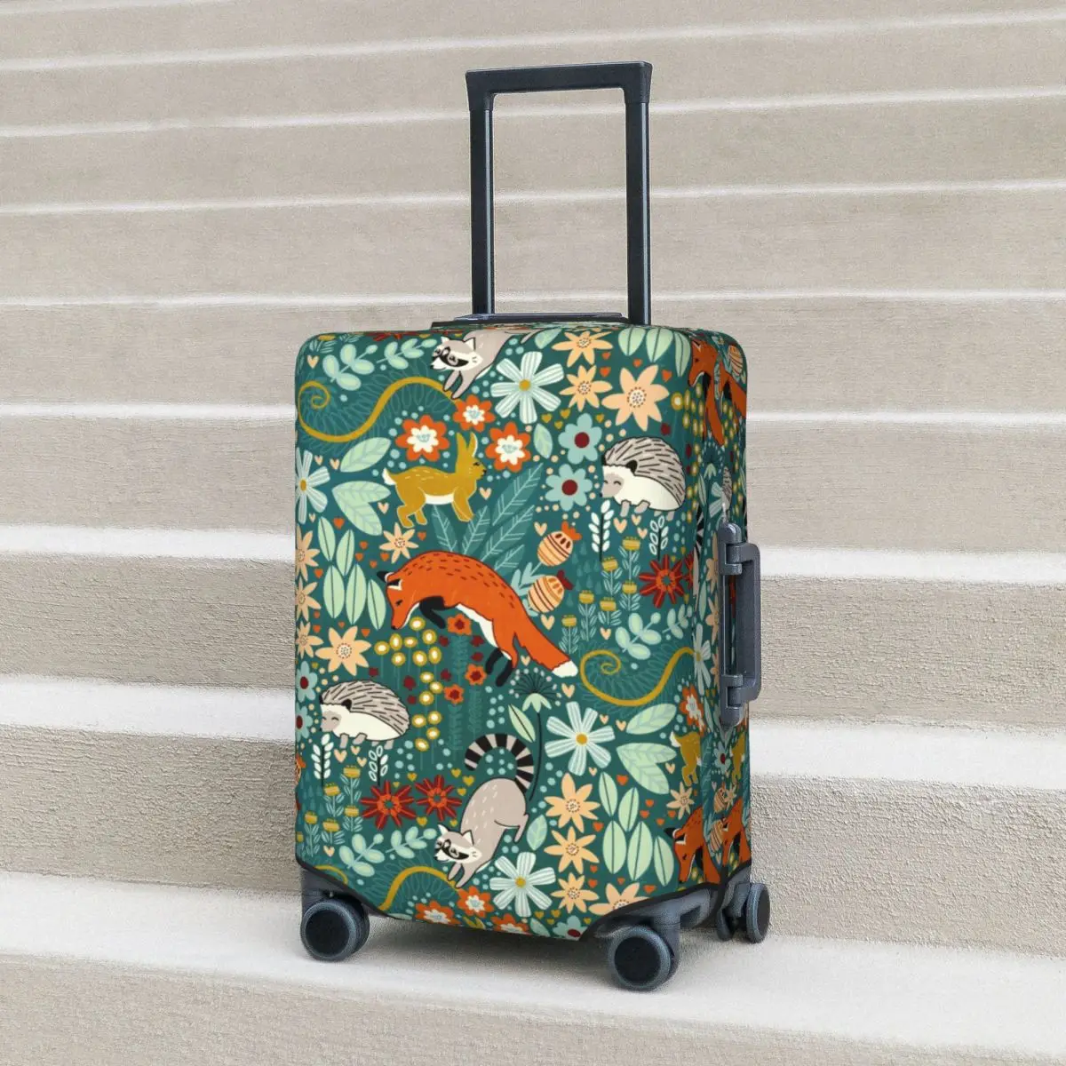 

Textured Woodland Pattern Suitcase Cover Fox Bunny Flower Animals Cute Cruise Trip Holiday Elastic Luggage Supplies Protection