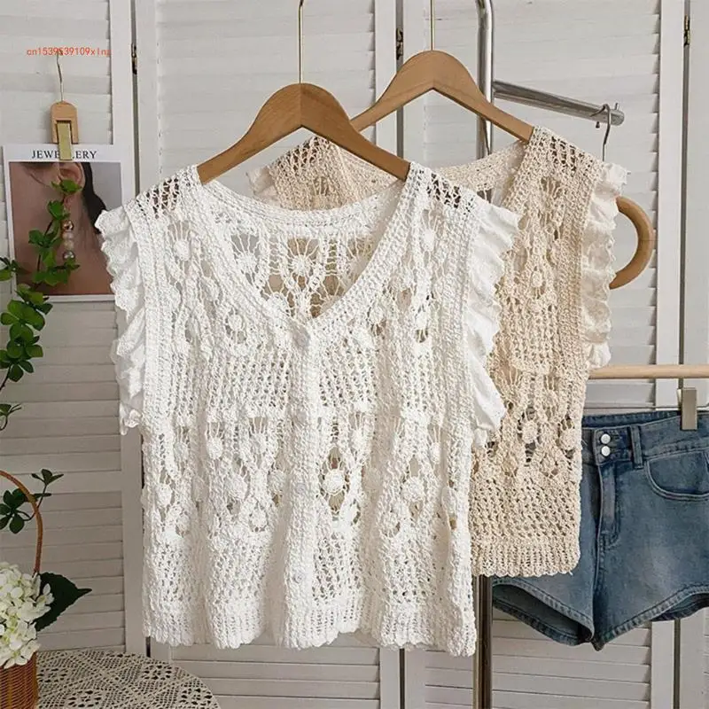 Women Sleeveless Tanks Top Casual Loose Lace Crochet Vest Hollow Camisole