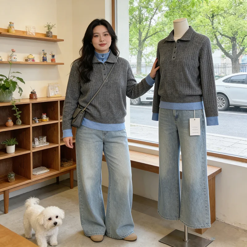 

Slimming Knitwear Spring 2026 New Style Color Block Stand Collar Long Sleeve Fashionable Fake Two-Piece Slimming Knit Top