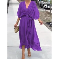 Robe en mousseline de soie à manches courtes à lacets pour femmes, robes irrégulières, col en V, manches chauve-souris, vert, élégant, à la mode, printemps, été 6
