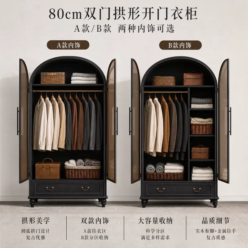 American Solid Wood Wardrobe Light Luxury Full Glass Door Antique Swing Door Large Capacity Finished Bedroom Closet