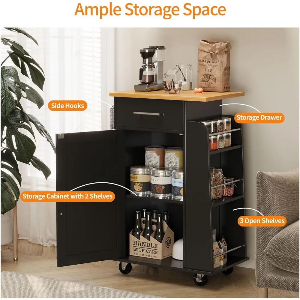 Small Kitchen Island on Wheels with 3-Tier Side Spice Rack and Rubber Wood Top, Trolley Cart with Storage Cabinet