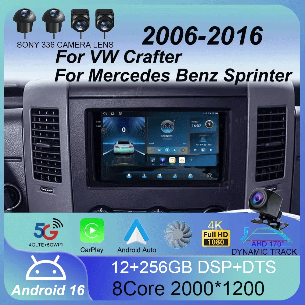 Android 16 Car Radio QLED For VW Crafter For Mercedes Benz Sprinter 2006- 2016 Android CarPlay+auto 4G+WIFI GPS Navigation DSP