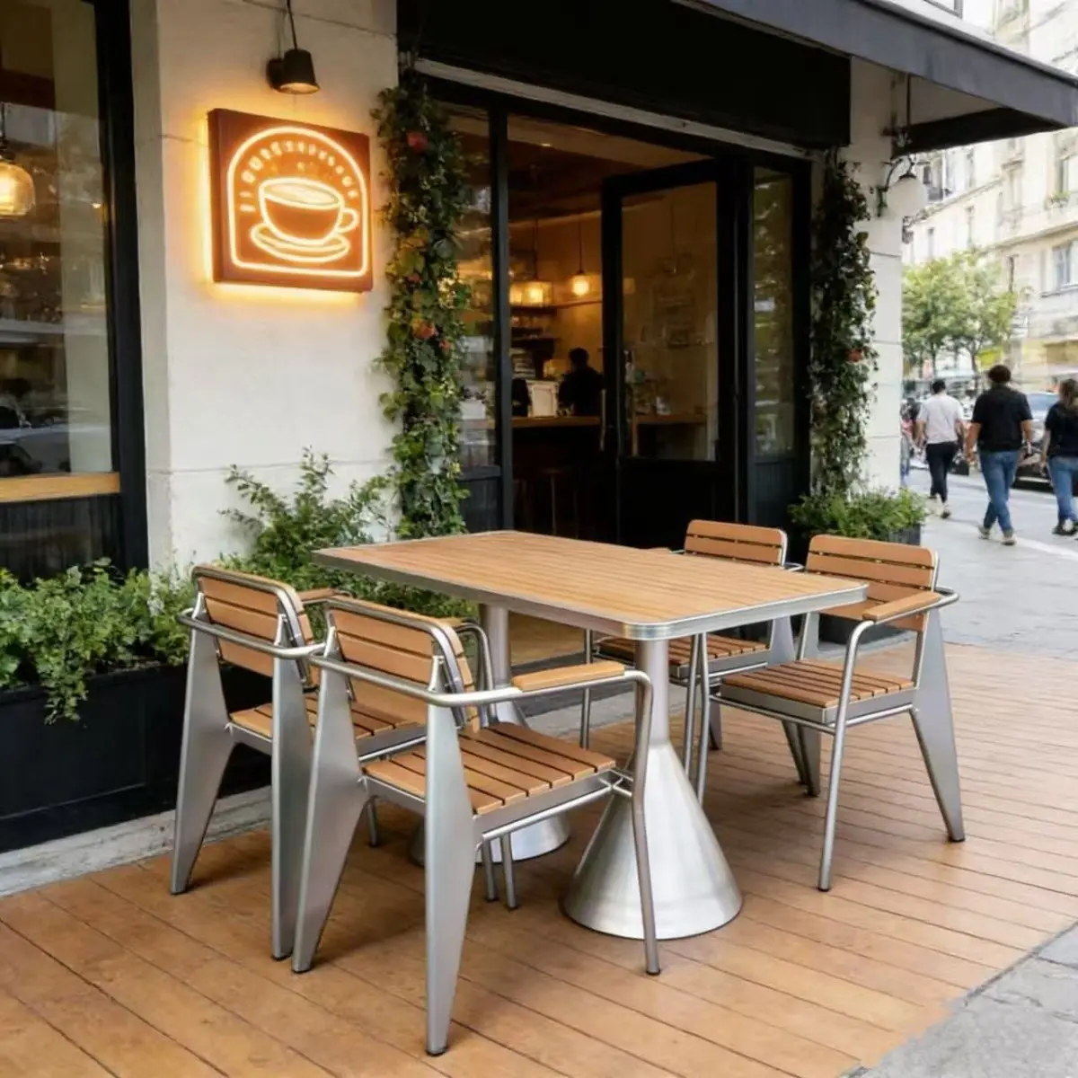 Open-air sunscreen milk tea shop cafe music dining table and chairs bar lounge area plastic wood table and chairs combination ou