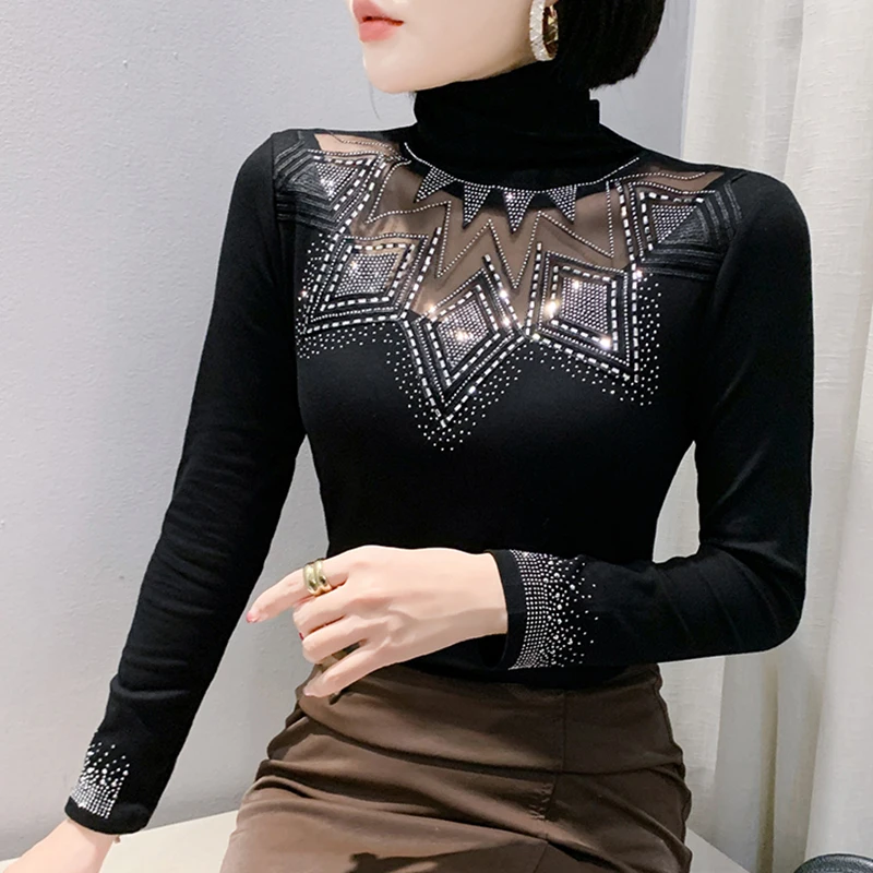 European Girl Clothes Spring Autumn New Turtleneck Long Sleeved Women's T-Shirt Elegant Slim Hollow Out Diamond Black Tops
