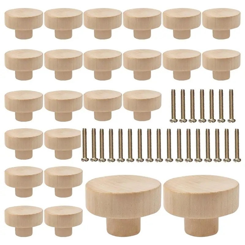 AEE2-Round Wooden Drawer Knobs Wooden Cabinet Furniture Drawer Pulls, Suitable For Drawer Wardrobe Dresser (24 Pieces)