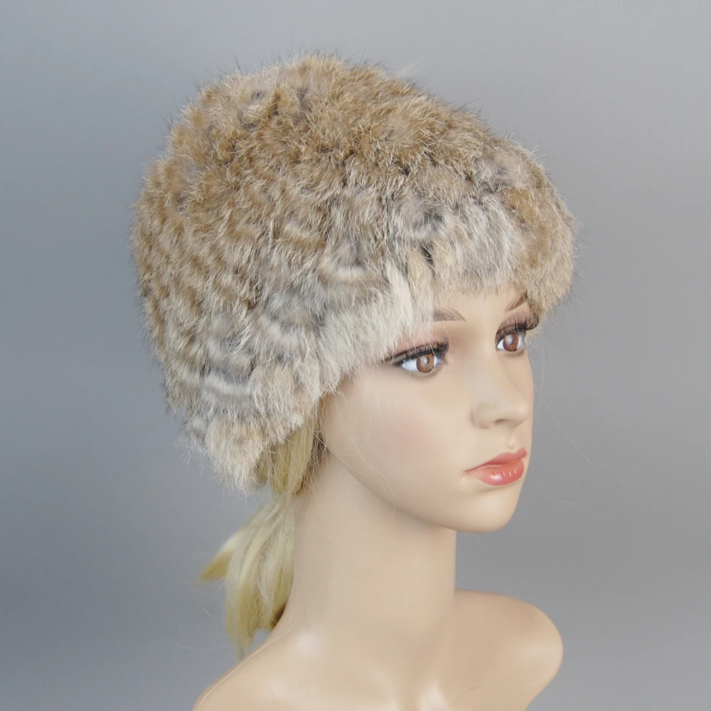 Russian Women Good Elastic Real Rabbit Fur Skully Hat Lady Winter Warm Knitted Genuine Rabbit Fur Hats Outdoor Fluffy Fur Caps