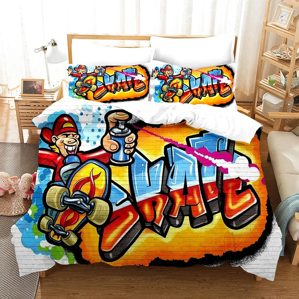 

Cartoon Style Hip-Hop Graffiti 3D Printed Duvet Cover Pillowcase Bedding Set, Teenagers Bedroom Decor Bed Kit，Single_Queen Size