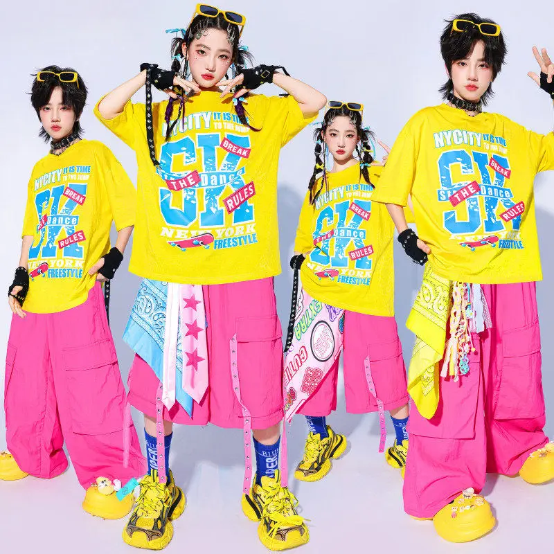 

Hip Hop Dance Costume Boys Jazz Performance Outfit Girl Street Dance Show Stage Clothing Yellow Top Loose Pants Streetwear 3873
