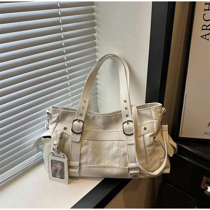 Autumn Winter Vintage Multi Button Rivet Leather Tote Bag Simple Solid Color Side Pocket Rectangular Large Capacity Shoulder Bag