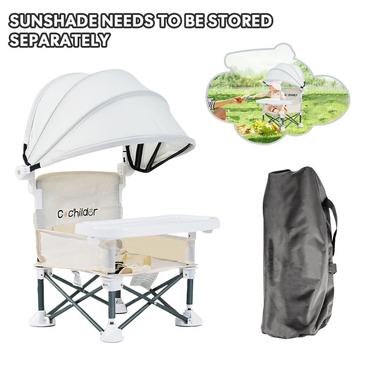 Tragbarer Outdoor-Campingstuhl, faltbarer Kinder-Esszimmerstuhl, Futterstuhl mit erhöhter Sitzhöhe, abnehmbare Teller