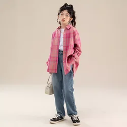 Girls' Checkered Shirt 2024 New Style Big Children's Spring and Autumn Fashionable Small Shirt