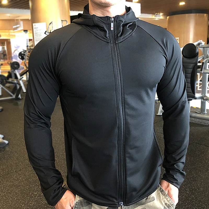 Men\'s Running Training Hoodies Elastic Breathable Hoody Zipper Up Quick Dry Hooded Man Workout Fitness Sportwear Gym Cloth Black