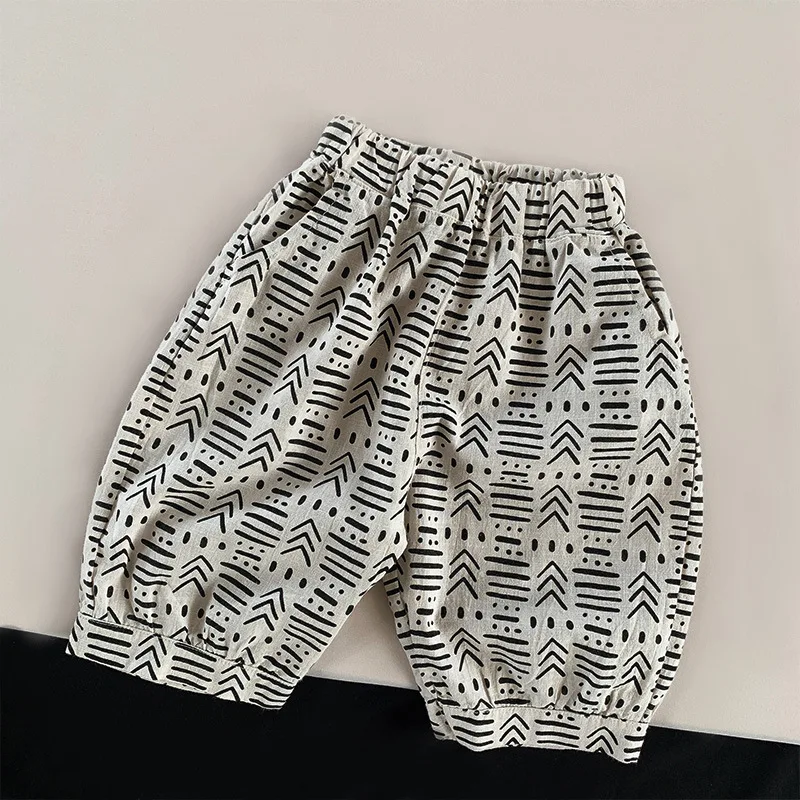 Crianças calça de algodão e cânhamo bloomers verão meninos e meninas calças soltas oito crianças calças 2024 novas calças do bebê