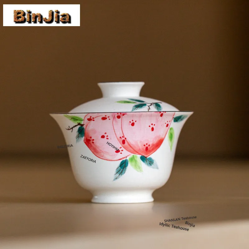 BAEJORIA 120ml Hand-painted Longevity Peach Gaiwan Luxury Tea Tureen Tea Bowl With Lid Kit Tea Maker Cover Bowl Cha Pot Bearing