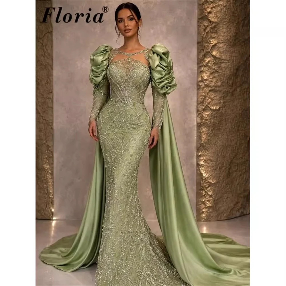 

Elegant Green Mermaid Evening Dresses Robes De Soiree Beaded Crystals Wedding Party Gowns Customized Cape Sleeves Prom Dress