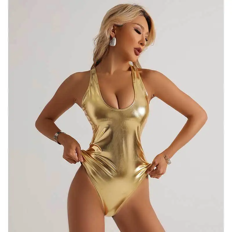 2024 Brand New and Shiny Gold Single Piece Swimsuit for Female Swimmers V-neck Swimsuit Swimwear Single Piece Bikini L16