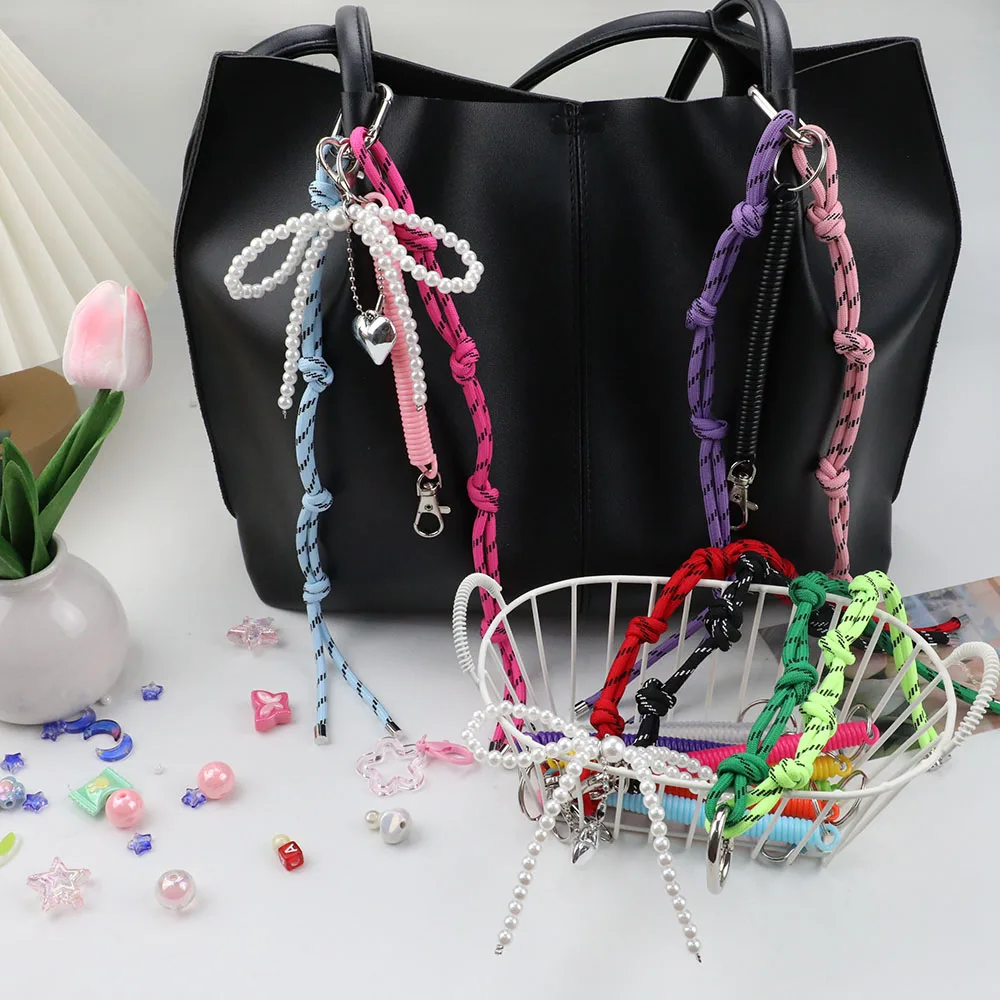 Korean Rainbow Rope Pendant Chain Y2K Keychain DIY Phone Jewelry Strap Pearl Bow Bag Charms Car Key Holder Handbag Decorating