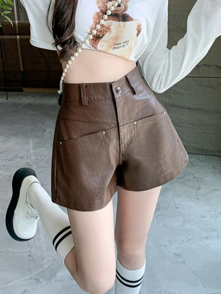 

Washed PU Leather Shorts Skirt Autumn Winter Women Clothes Fashion Double Zipper Aline Mini Skirt Streetwear Y2K Wide Leg Shorts