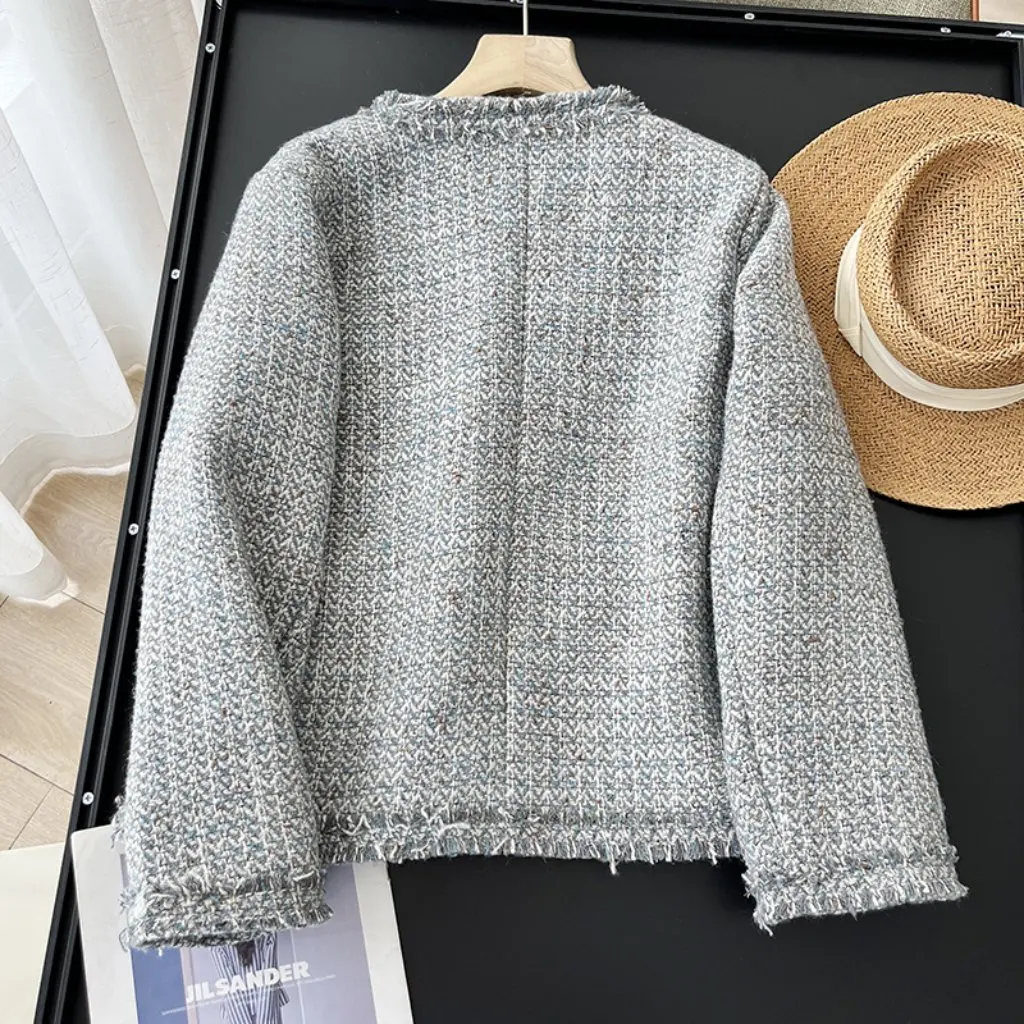

Korean Style Women's Plaid Coat round Neck Gold Buckle Frayed Top 00Xd-Xiaoxiang Autumn New Arrival Fashionable Streetwear