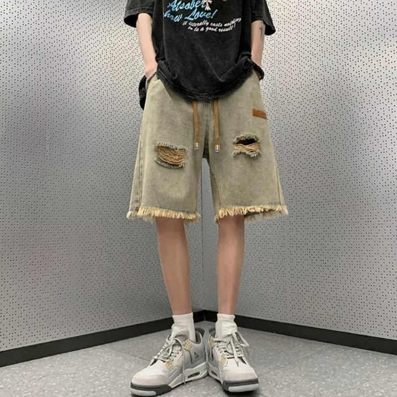 Stylish Designer Men Washed Ripped Denim Shorts Featuring Frayed Details for Summer Urban Streetwear Mid Length Casual Comfort