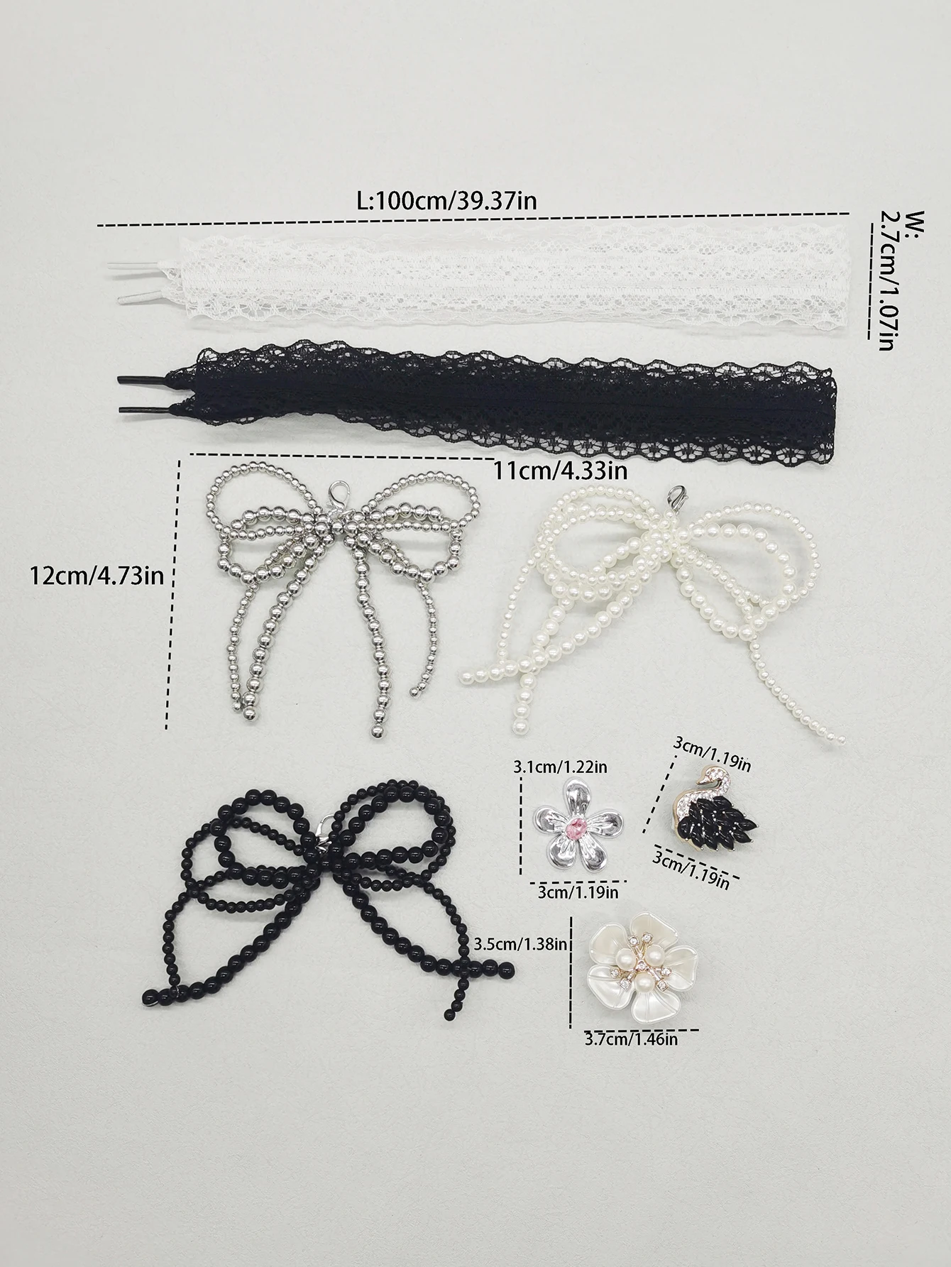 6PCS Spitze Schnürsenkel Dekor Barock Faux Perle Bogen Schuh Anhänger Dekorationen Blume Schnürsenkel Clips Zubehör Schwan Schuh Schnallen – Detail 2