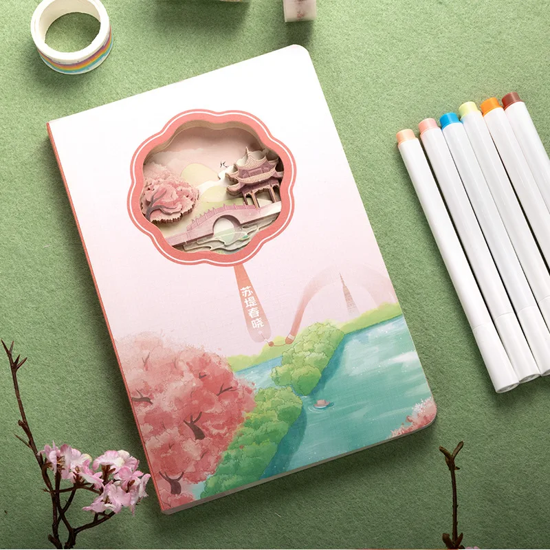 Su Causeway Spring Dawn 3D Ukiran Notebook Akun Tangan Ukiran Kertas Hadiah Kreatif Budaya Stempel Hadiah Perusahaan